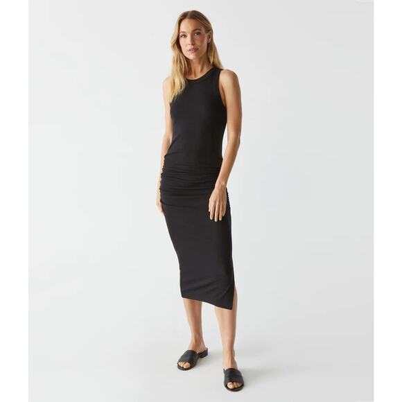 NEW! MICHAEL STARS Wren Ruched Midi Ultra Rib black bodycon dress small - Picture 1 of 6